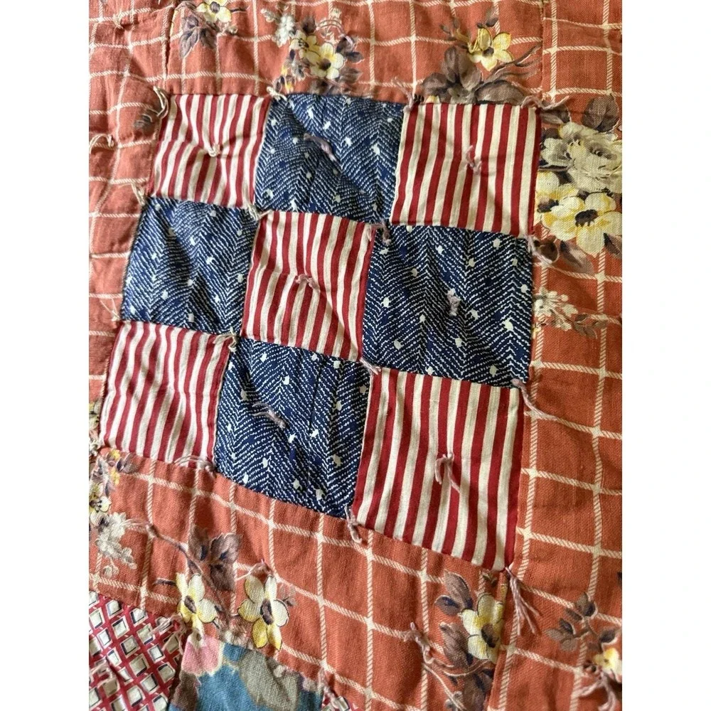 Vintage 1940's 9 Patch Patchwork Quilt Hand Ties Floral Backing 88x70 Excellent